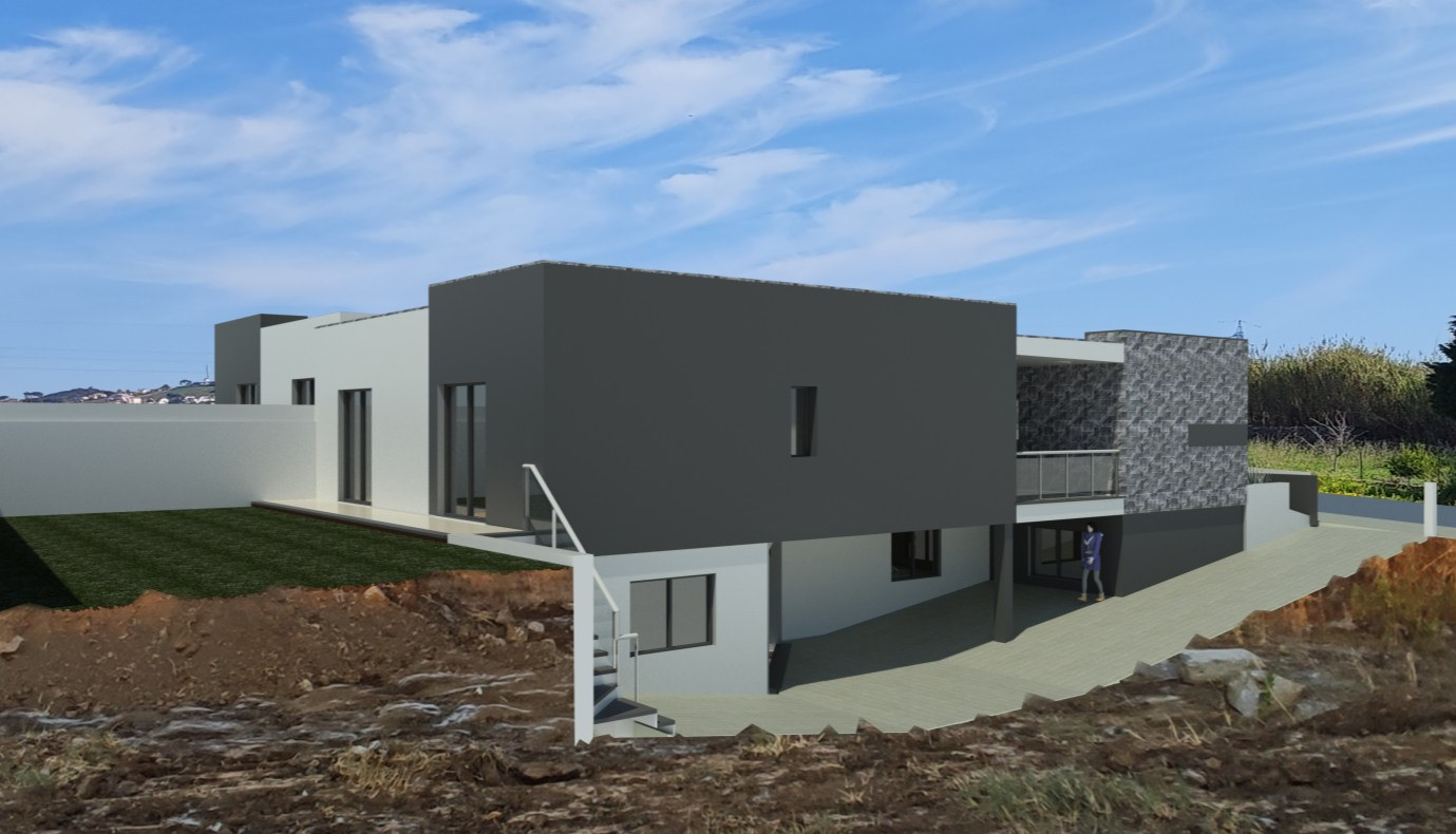 Imagem 3D do alçado posterior e zona exterior da moradia